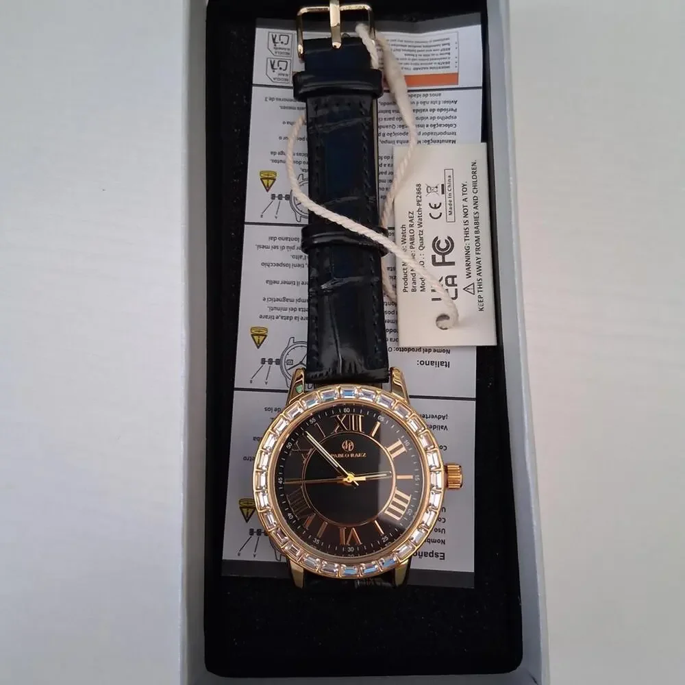 Pablo Raez 34mm Crystal & Leather Luxury Gold Filled Watch